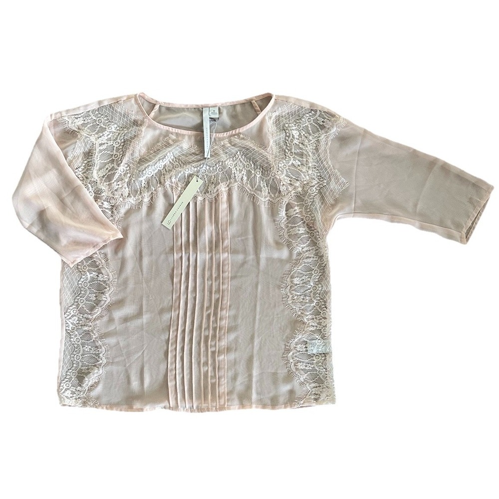 NWT Lauren Conrad Powder Room Blouse Size M Womens Cream Tan Lace Insert Chiffon - Picture 2 of 11